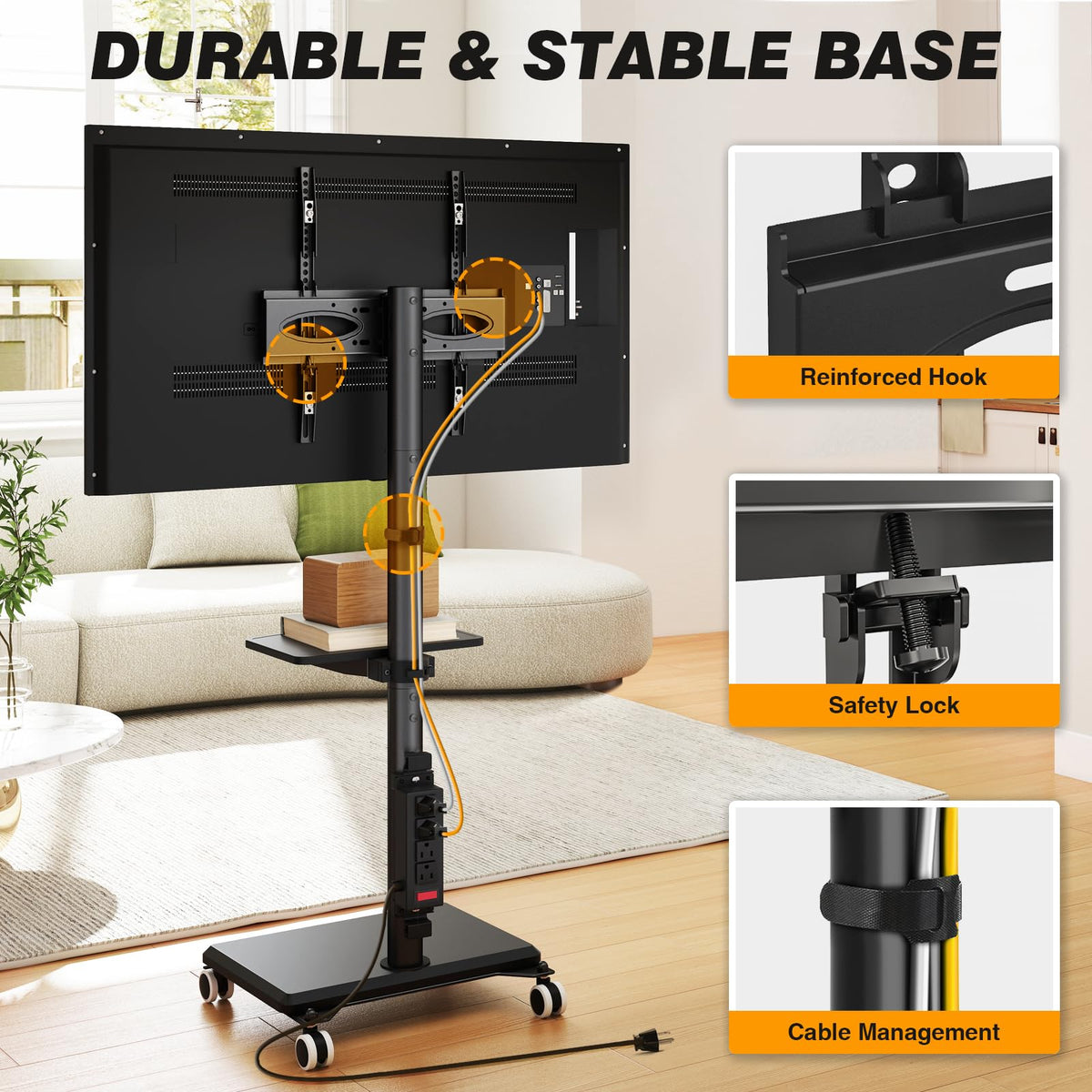5Rcom black mobile stand fits living room and office setups.