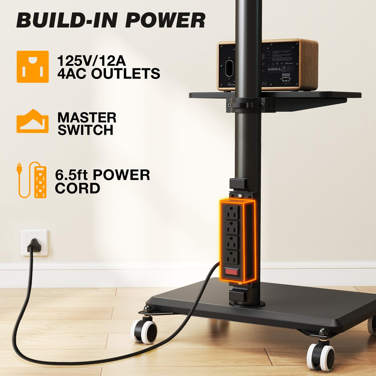 5Rcom height-adjustable TV cart for optimal eye level viewing.
