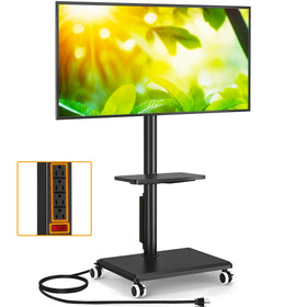 5Rcom rolling TV stand overview in black with mobile wheels for flexible living spaces.