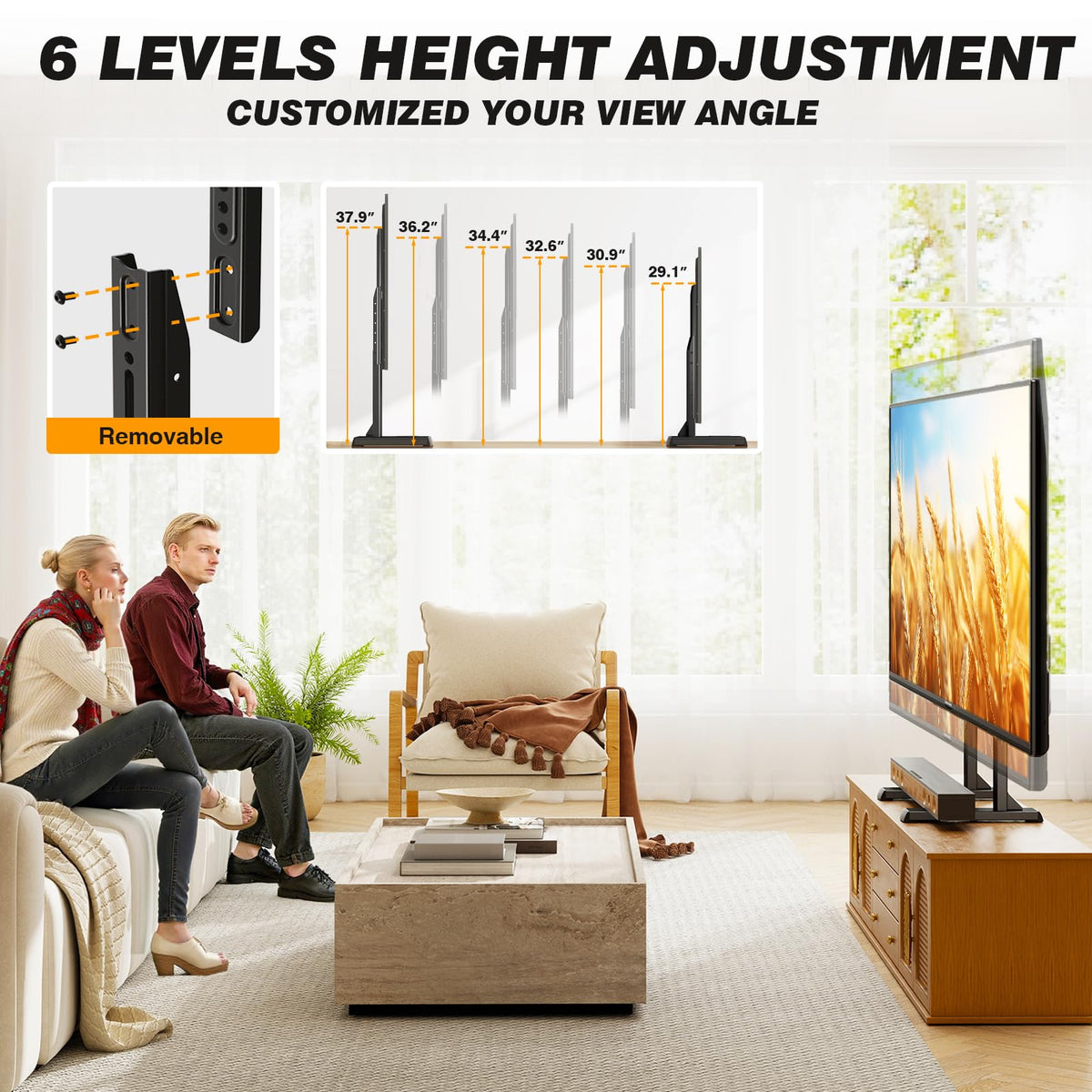 5Rcom table top TV stand height adjustment lines up with eye level for comfort.