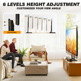 5Rcom table top TV stand height adjustment lines up with eye level for comfort.