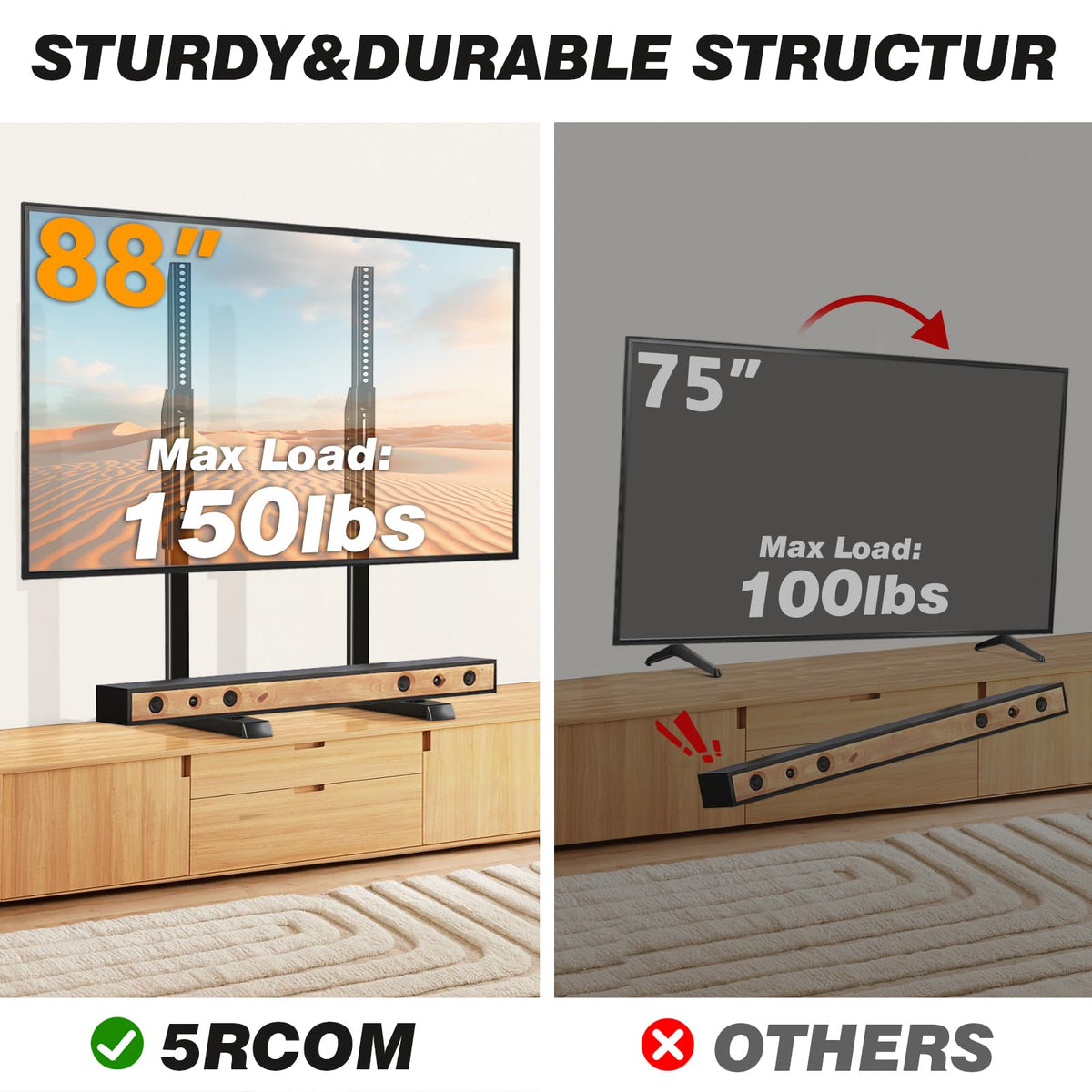 5Rcom table top TV stand stability with reinforced alloy supports for safety.