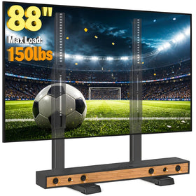 5Rcom table top TV stand universal compatibility for large TVs enables simple setup.