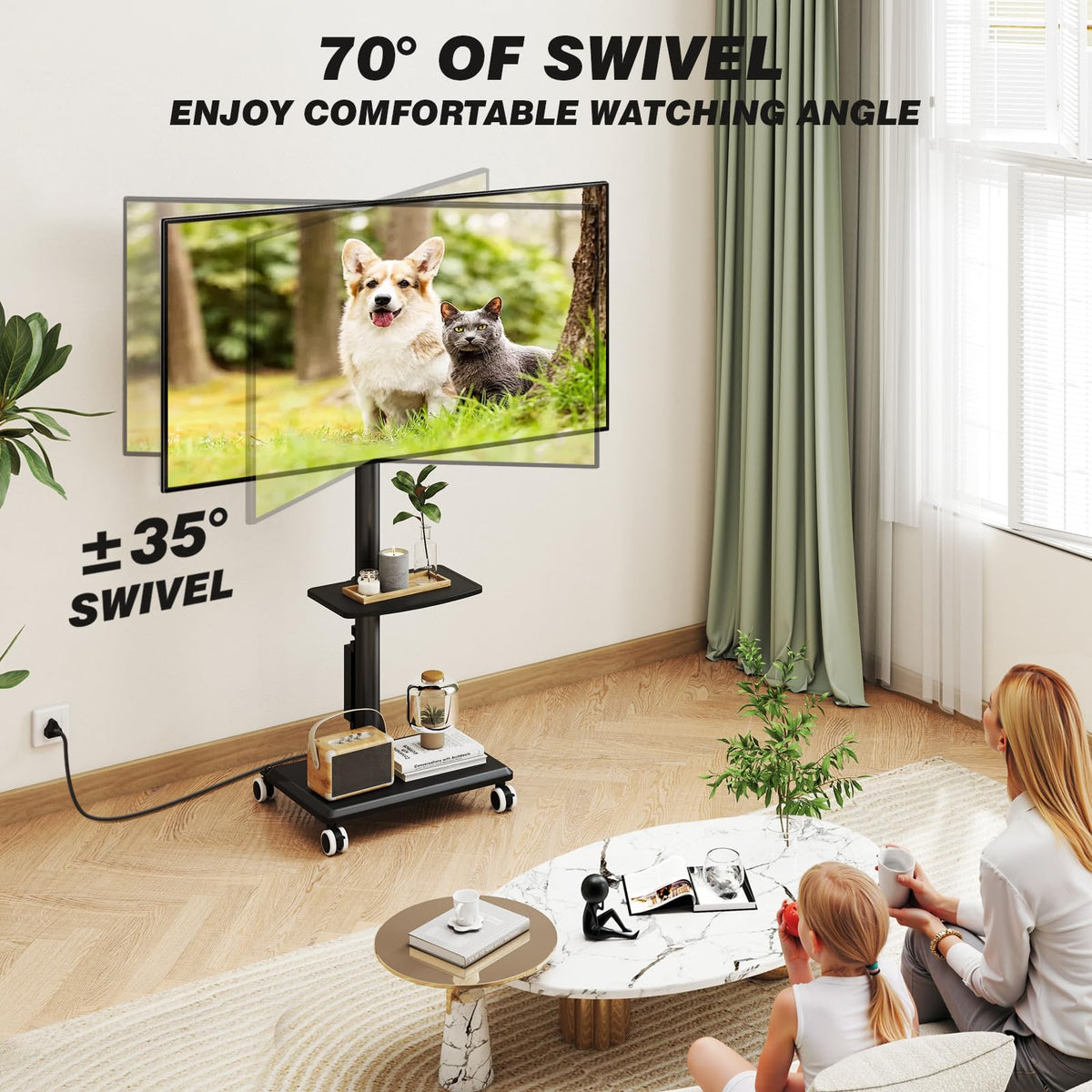 5Rcom TV cart with power outlet and shelf for organized devices.
