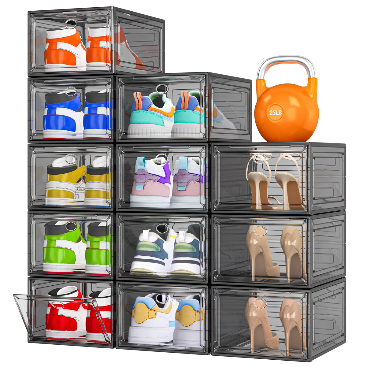 7 Code clear shoe storage organizer with magnetic door, showing sneakers at a glance
