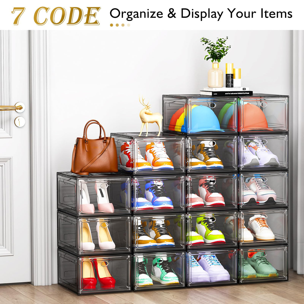 7 Code clear shoe storage organizer with interlocking pegs for stable multi-layer stacking