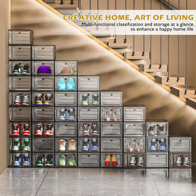 7-code stackable front-door boxes with pegs for modular closet layouts.