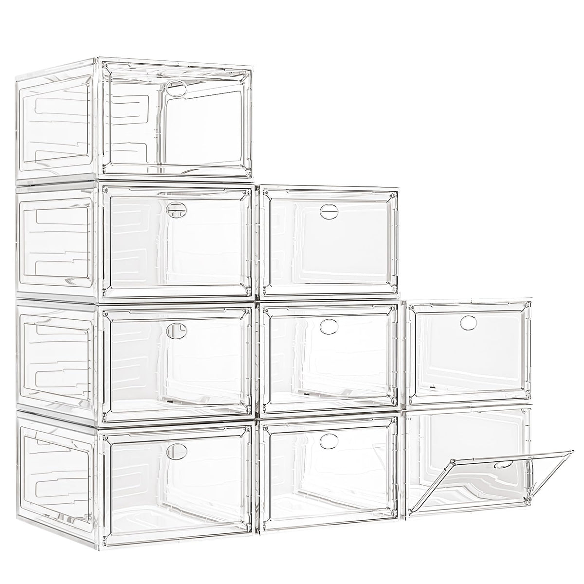 7 code large clear shoe box with magnetic front door for easy closet visibility.
