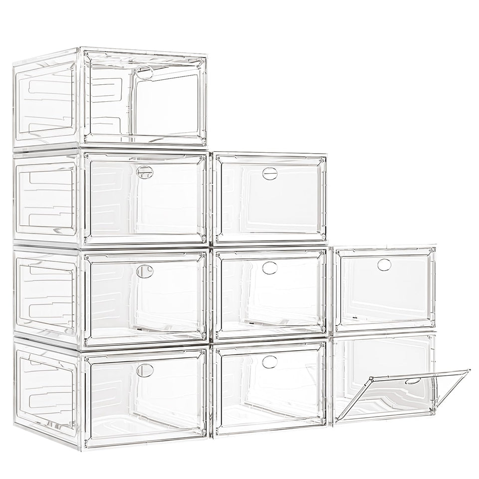 7 code large clear shoe box with magnetic front door for easy closet visibility.