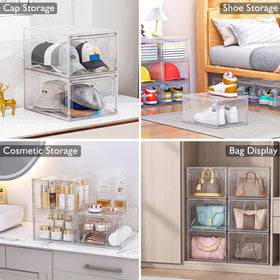 7 code boxes with shoes inside demonstrate upright storage efficiency.