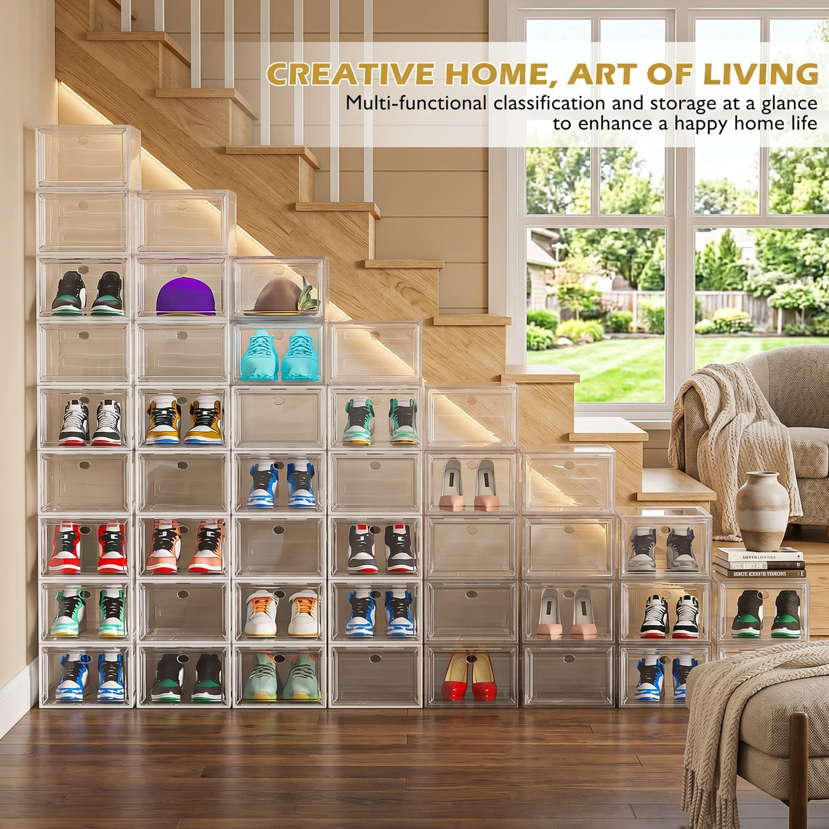 7 code stackable peg-lock system provides stable, organized shelves.
