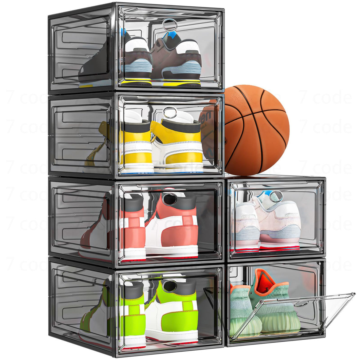 7-code clear shoe storage with magnetic door, front view for quick access.