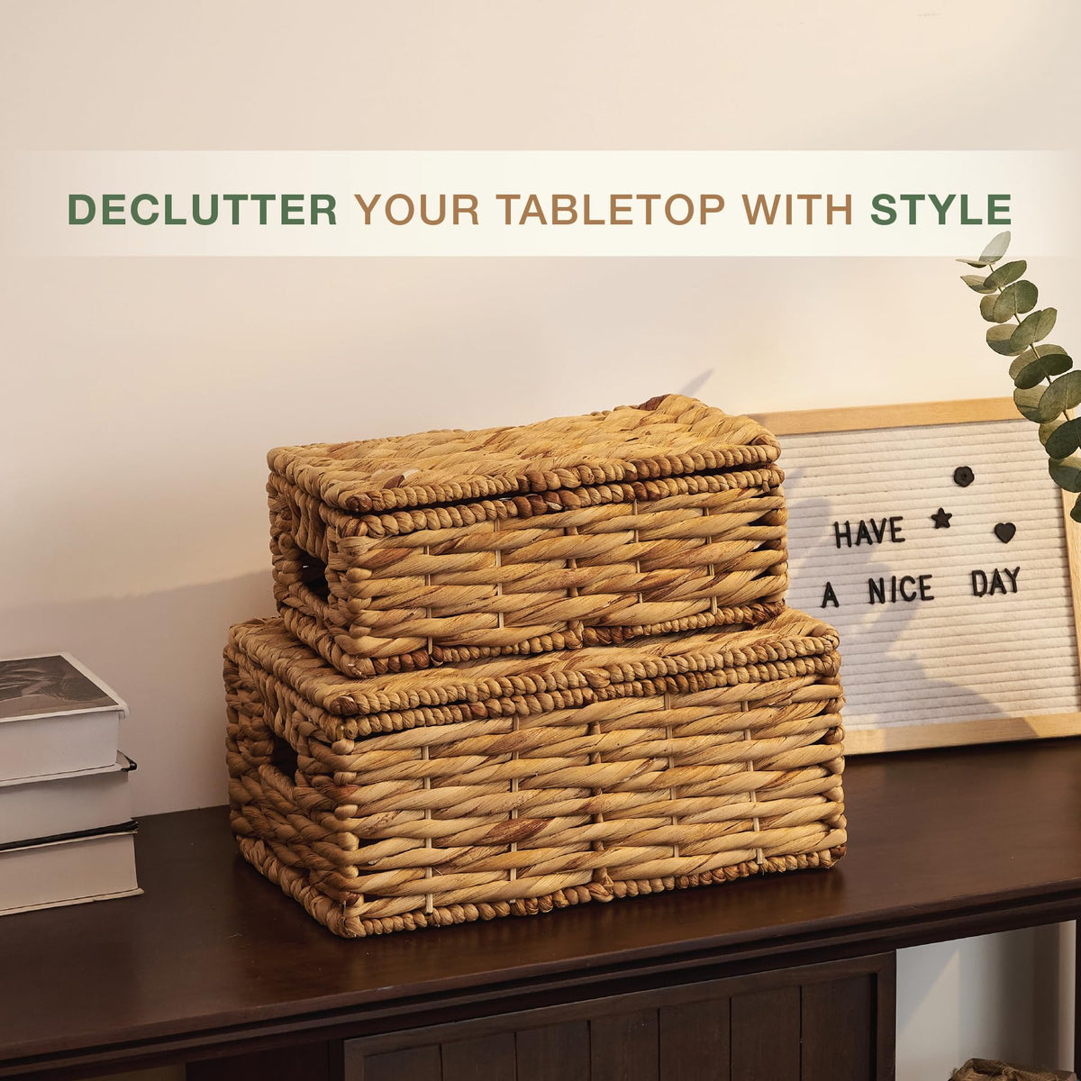 84ECO handwoven wicker baskets with lid for decorative storage in living room
