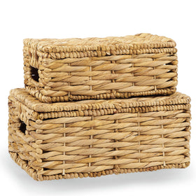 84ECO wicker baskets with lid set of 2 on shelf showing natural texture and storage use