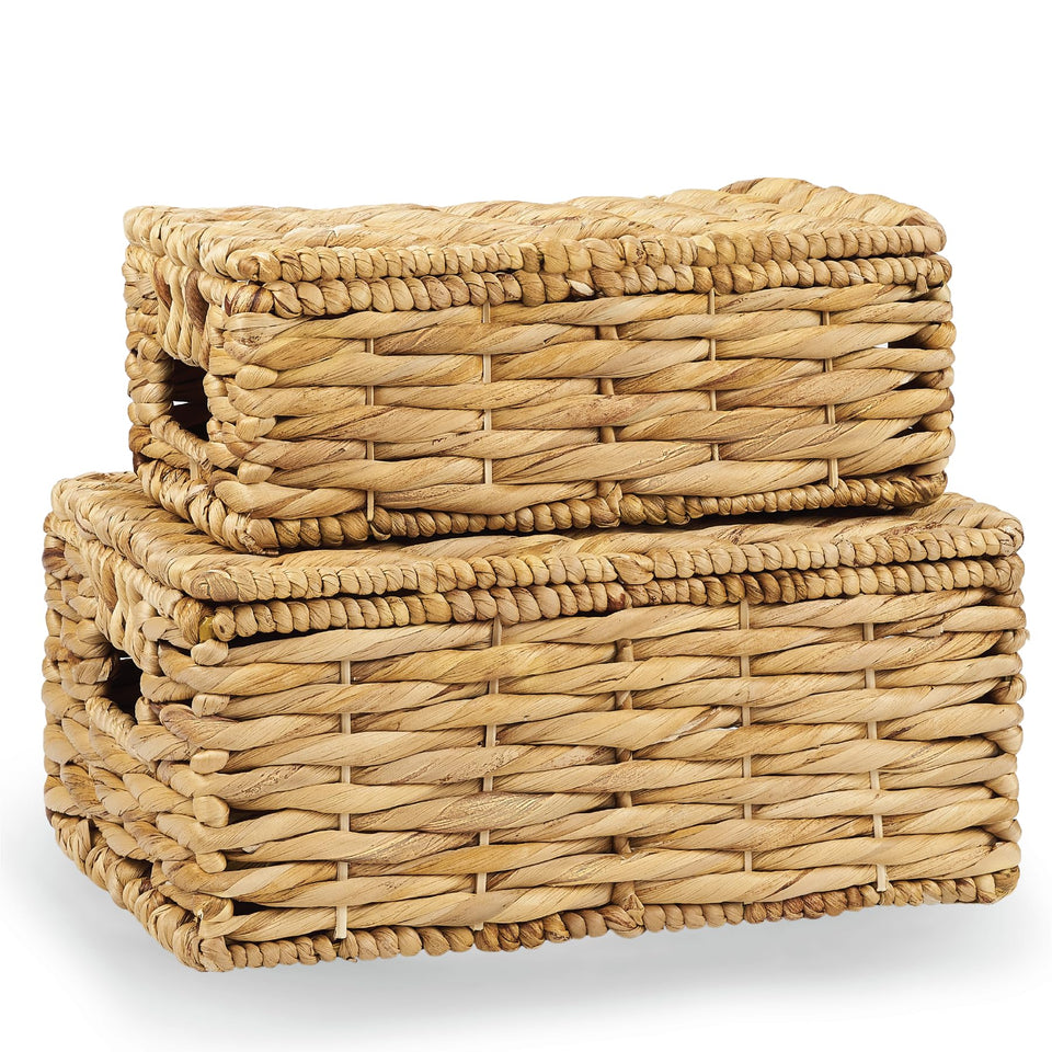 84ECO wicker baskets with lid set of 2 on shelf showing natural texture and storage use