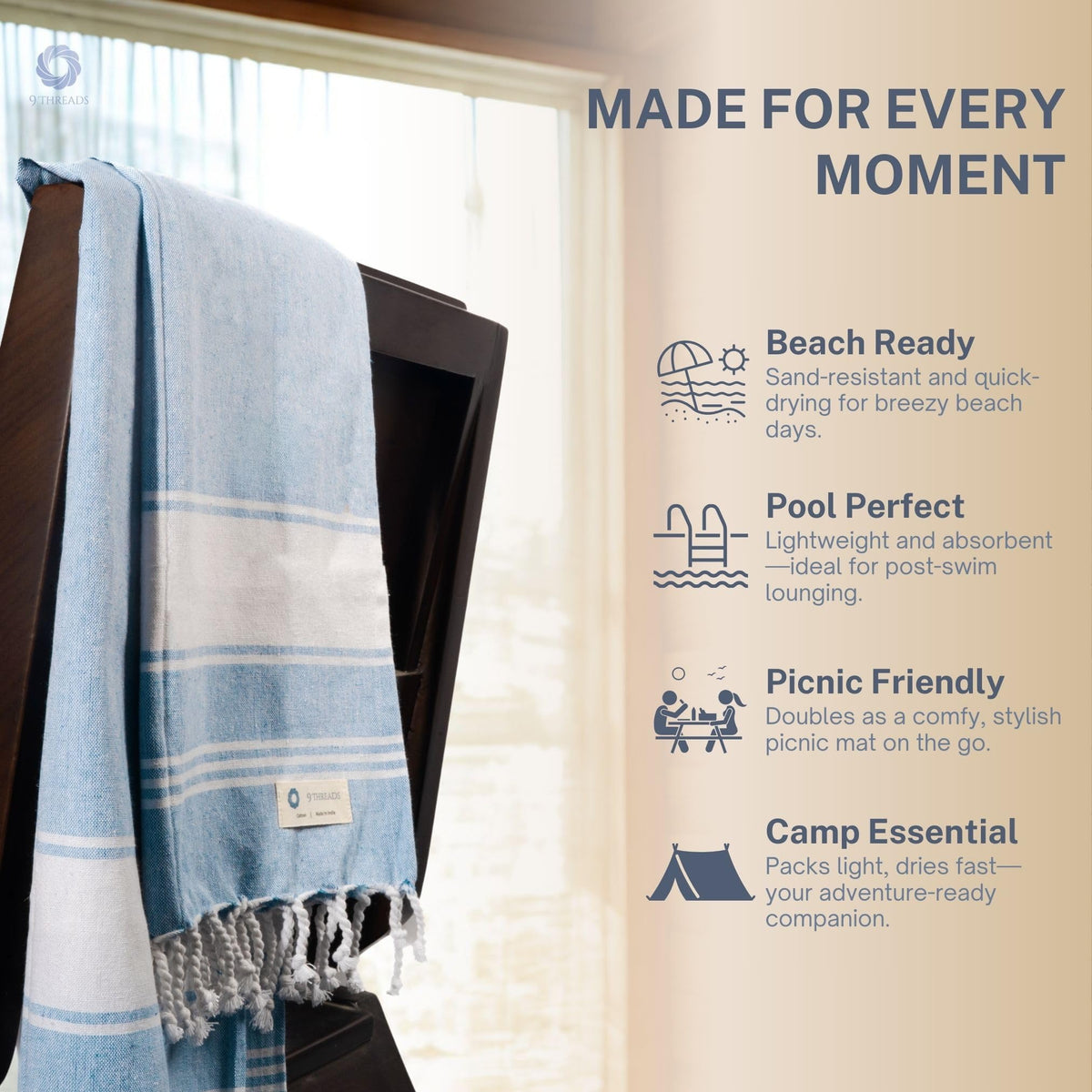 9Threads quick-dry towel dries after swimming, ready for next activity