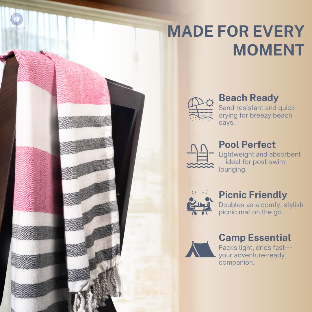9Threads Rosé Obsidian towel with fringe tassels adds boho style and versatility.
