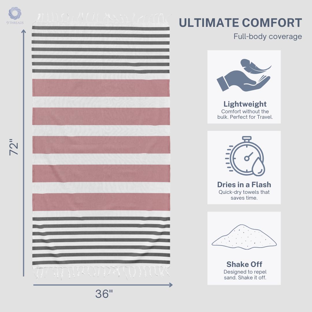 9Threads Rosé Obsidian towel measures 36x72, ideal for travel and poolside use.