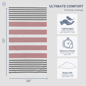 9Threads Rosé Obsidian towel measures 36x72, ideal for travel and poolside use.
