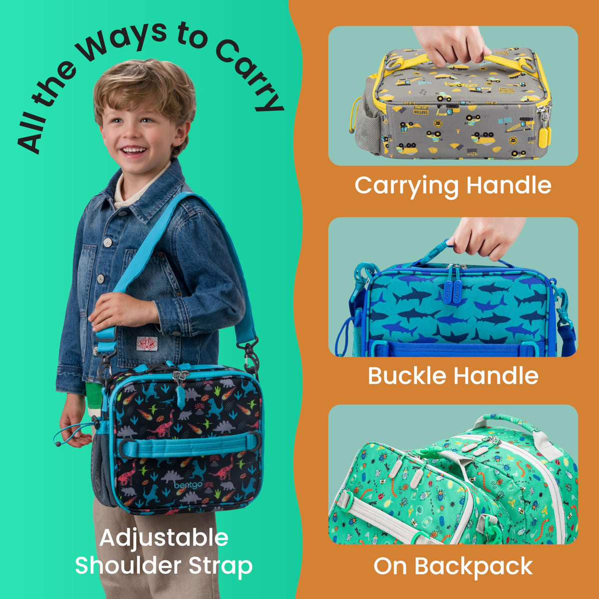 Bentgo Kids Lunch Bag adjustable shoulder strap, comfy carry.