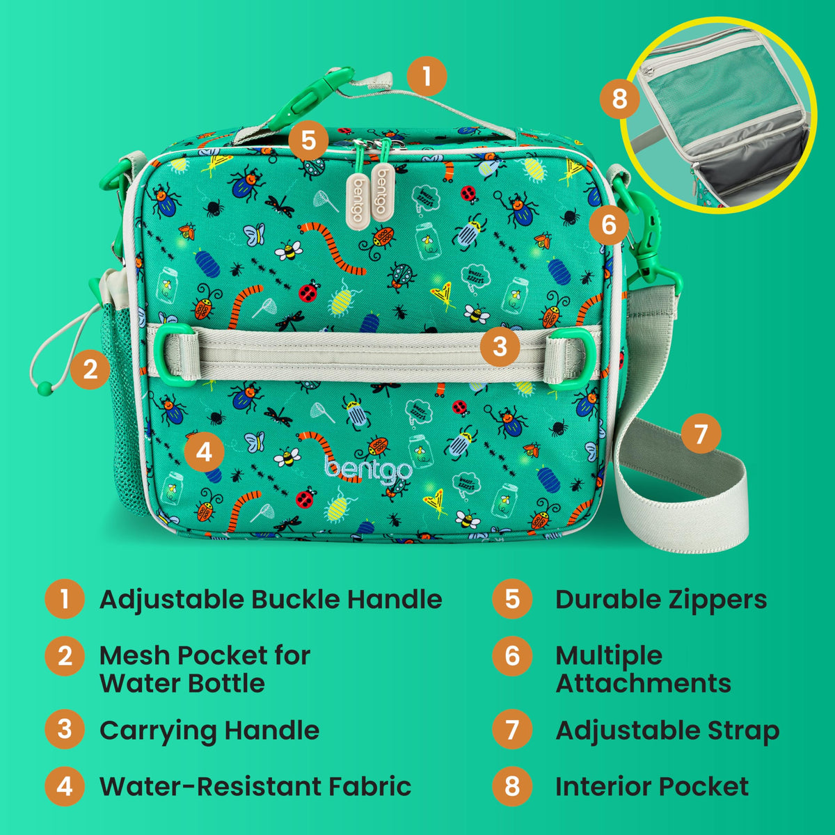 Bentgo Kids Lunch Bag backpack attachment buckle, hands-free transport.