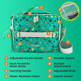 Bentgo Kids Lunch Bag backpack attachment buckle, hands-free transport.