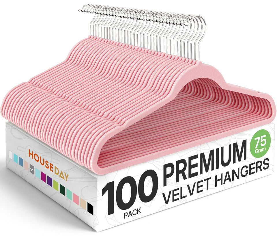 HOUSE DAY premium velvet hangers 100-pack in light pink organized closet shot