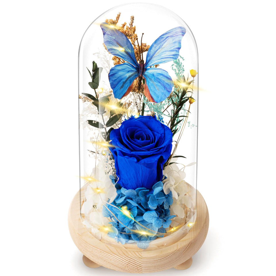 JIGQGY Forever Flowers blue preserved rose under a glass dome with gentle illumination
