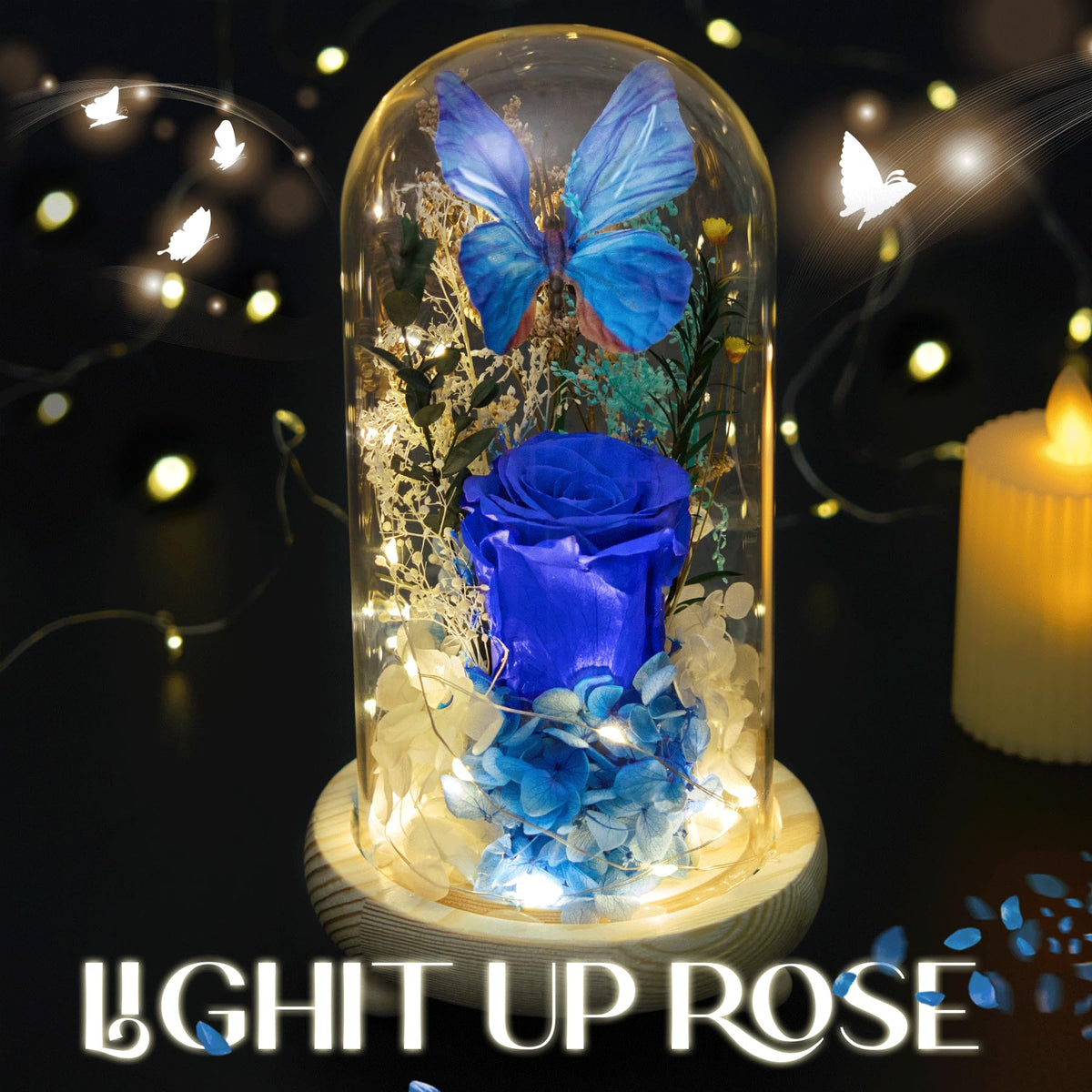 Soft LED warm light enhances preserved rose inside dome by JIGQGY