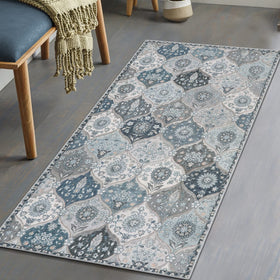 Lahome Moroccan Trellis rug entryway blue, vintage charm meets practical, easy-care durability.