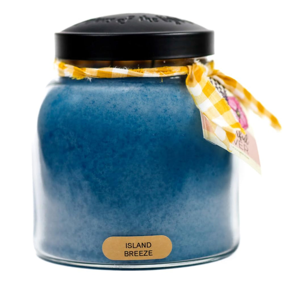 A Cheerful Giver Island Breeze 34oz candle jar with lid blue for long-lasting ambience
