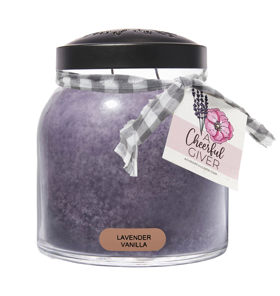 A Cheerful Giver Lavender Vanilla candle jar emitting calming lavender-vanilla aroma