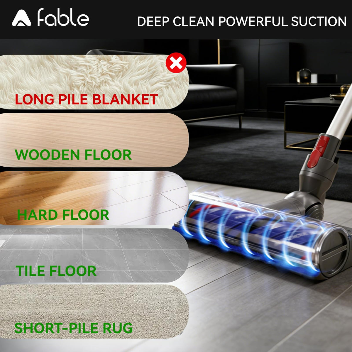 A Fable LED green light attachment reveals hidden dirt under furniture for thorough results.