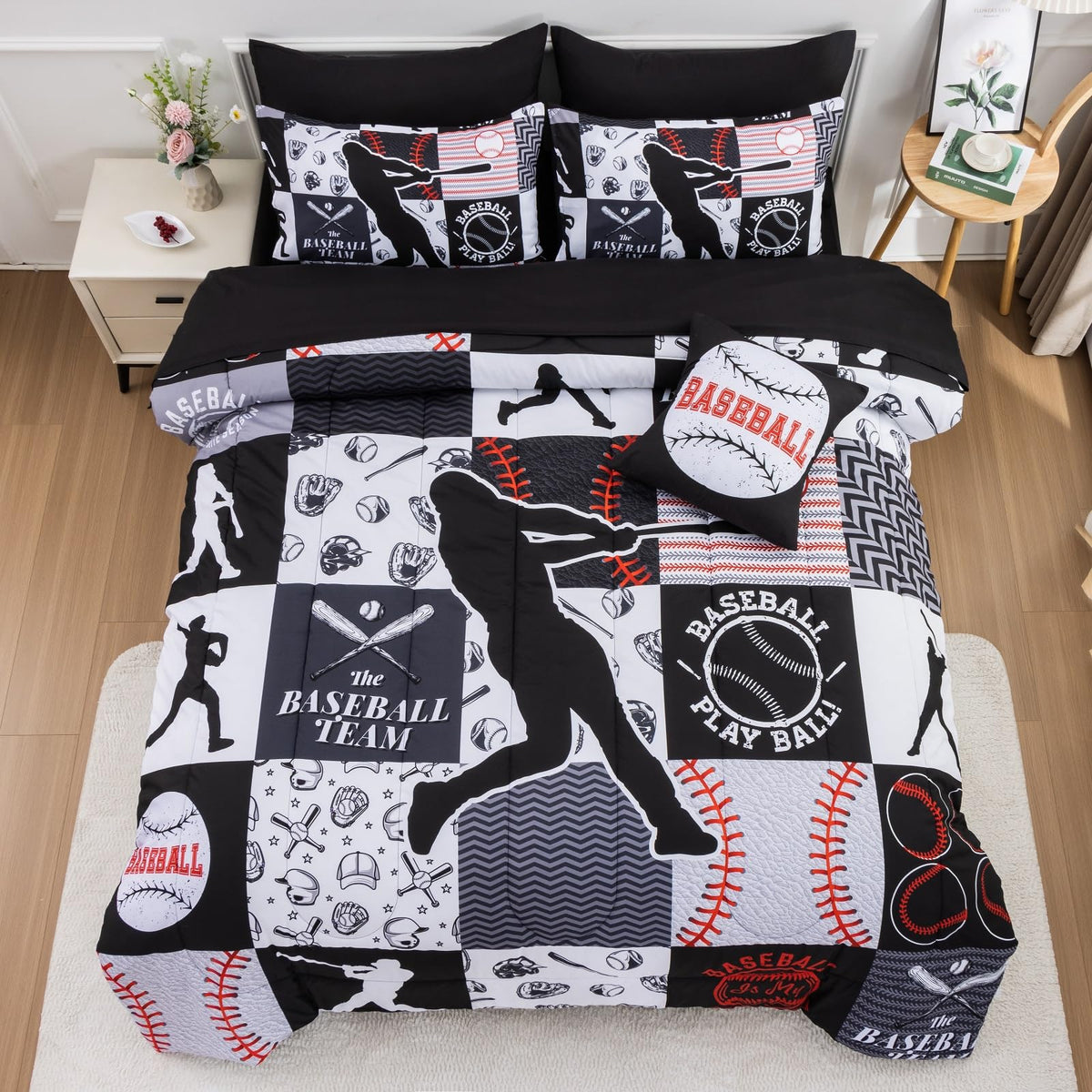 A Nice Night baseball-pattern pillowcases provide coordinated sports-ready bedding.