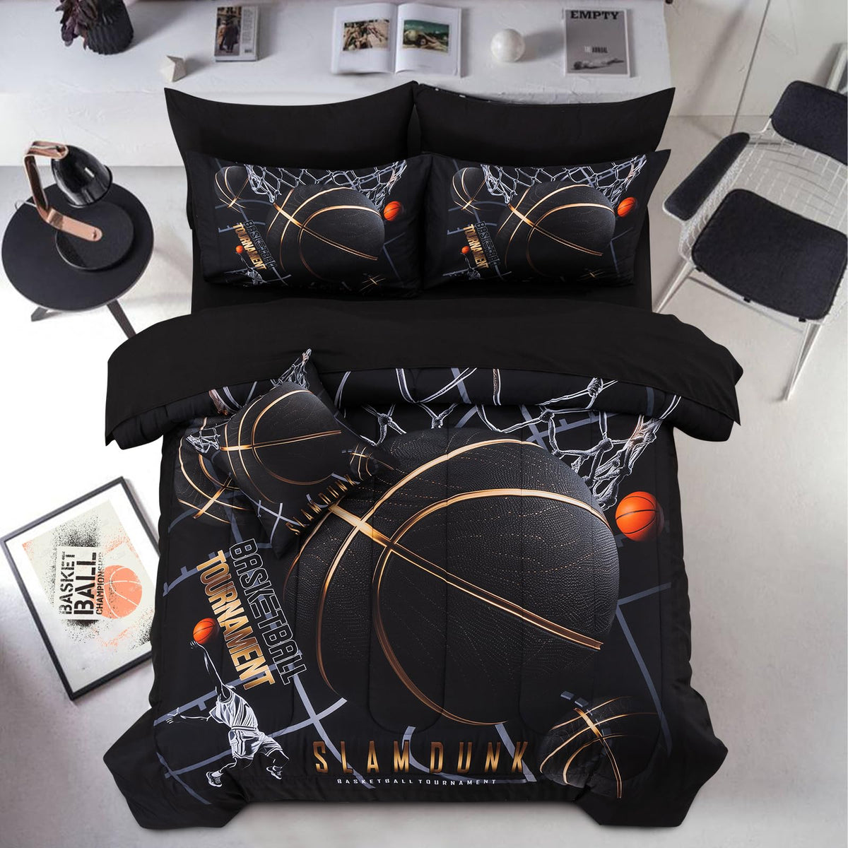 A Nice Night basketball court twin comforter on bed, vibrant and cozy.