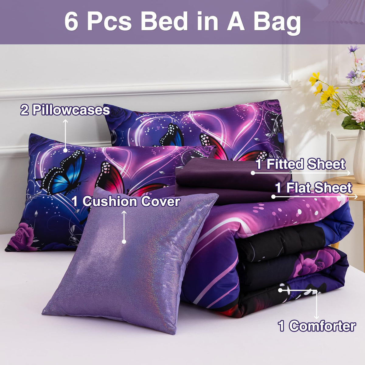 A Nice Night glitter cushion cover adds sparkle to a twin bed setup