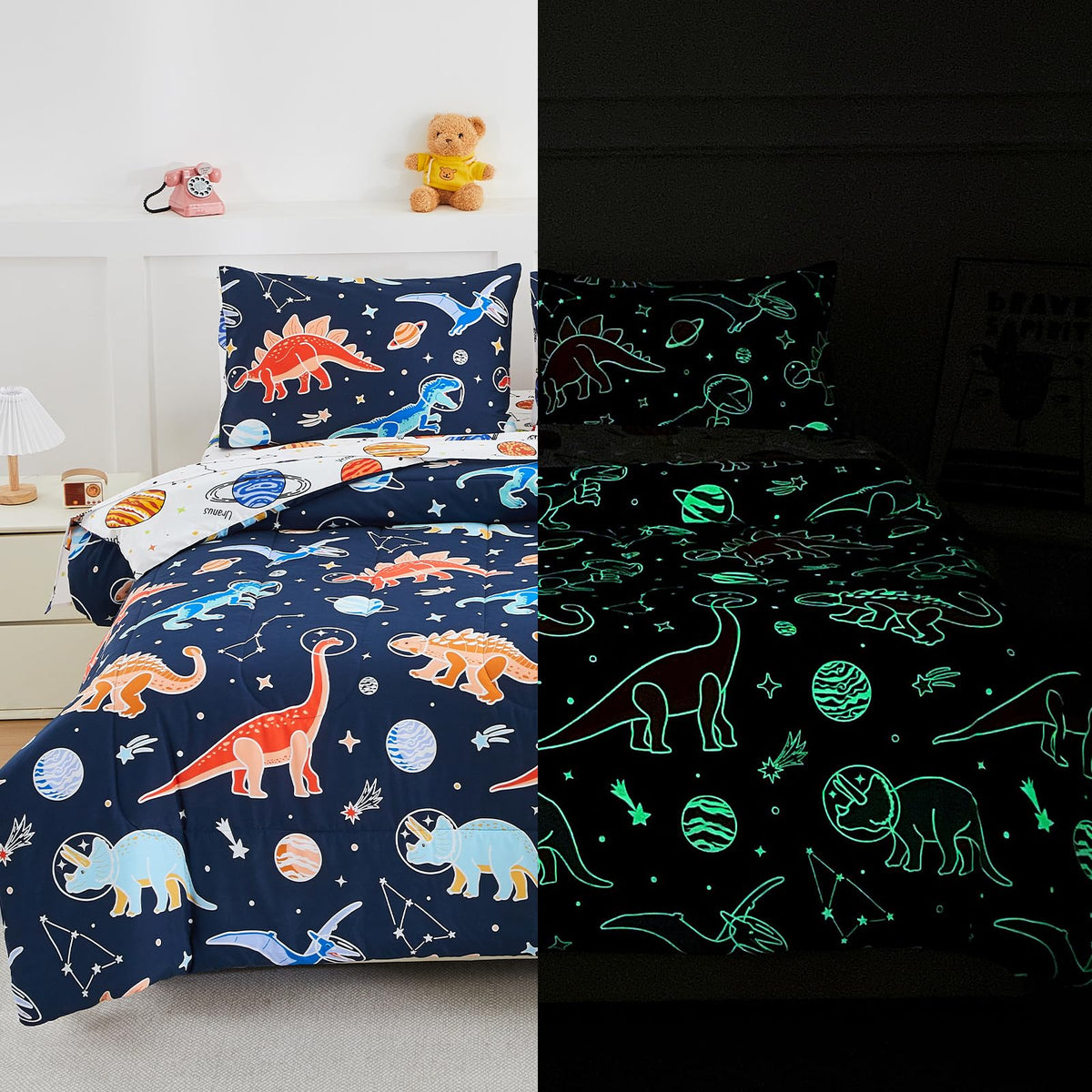 A Nice Night dinosaur galaxy full comforter, cozy reversible design for kids' bed