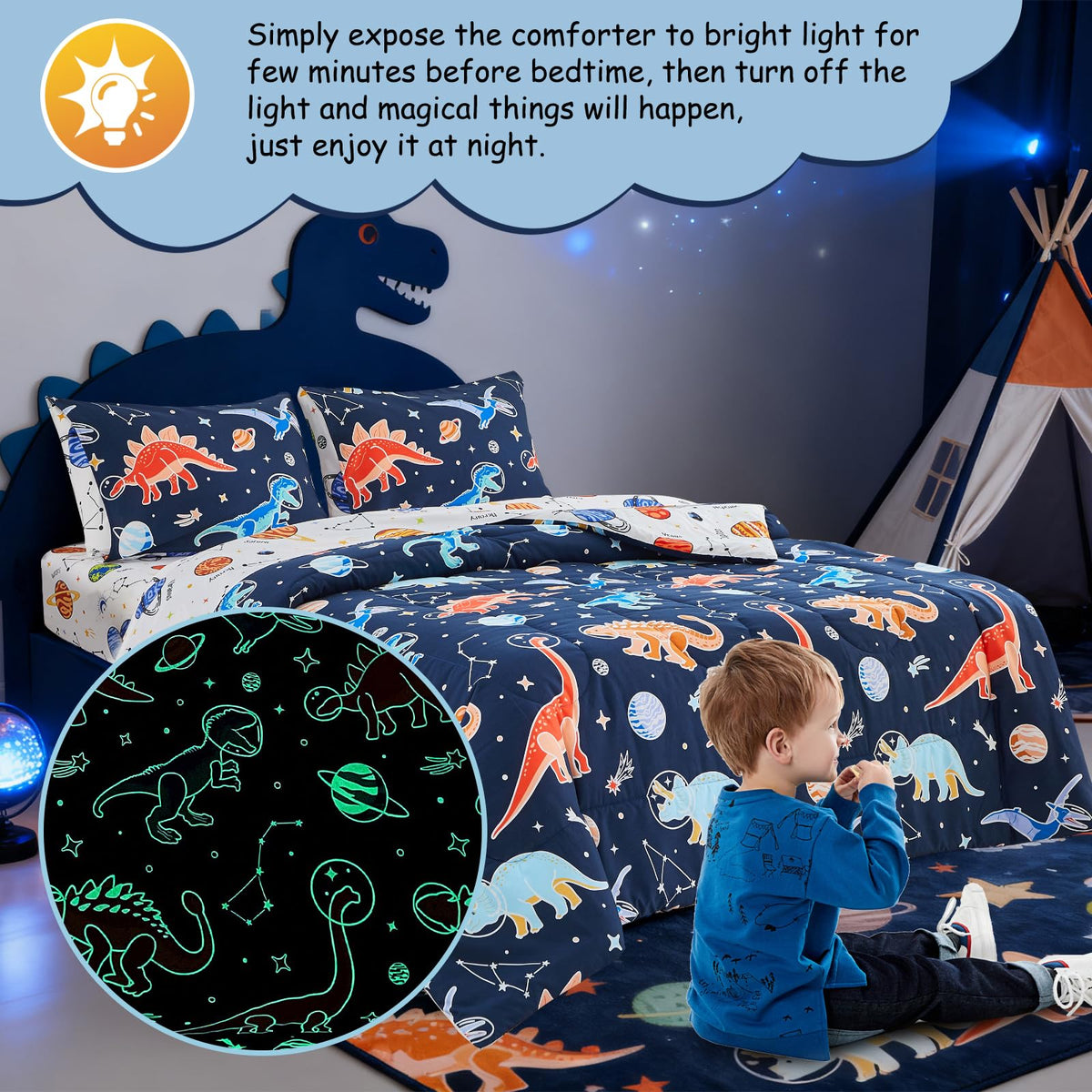 A Nice Night glow-in-dark comforter showing magical glow after dark