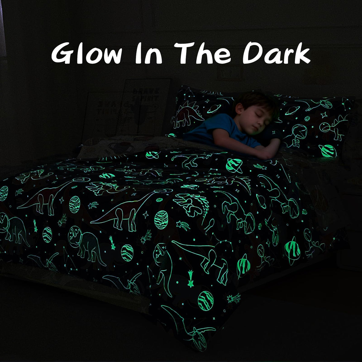 A Nice Night kids bedroom with dinosaur print adding color to sleep space