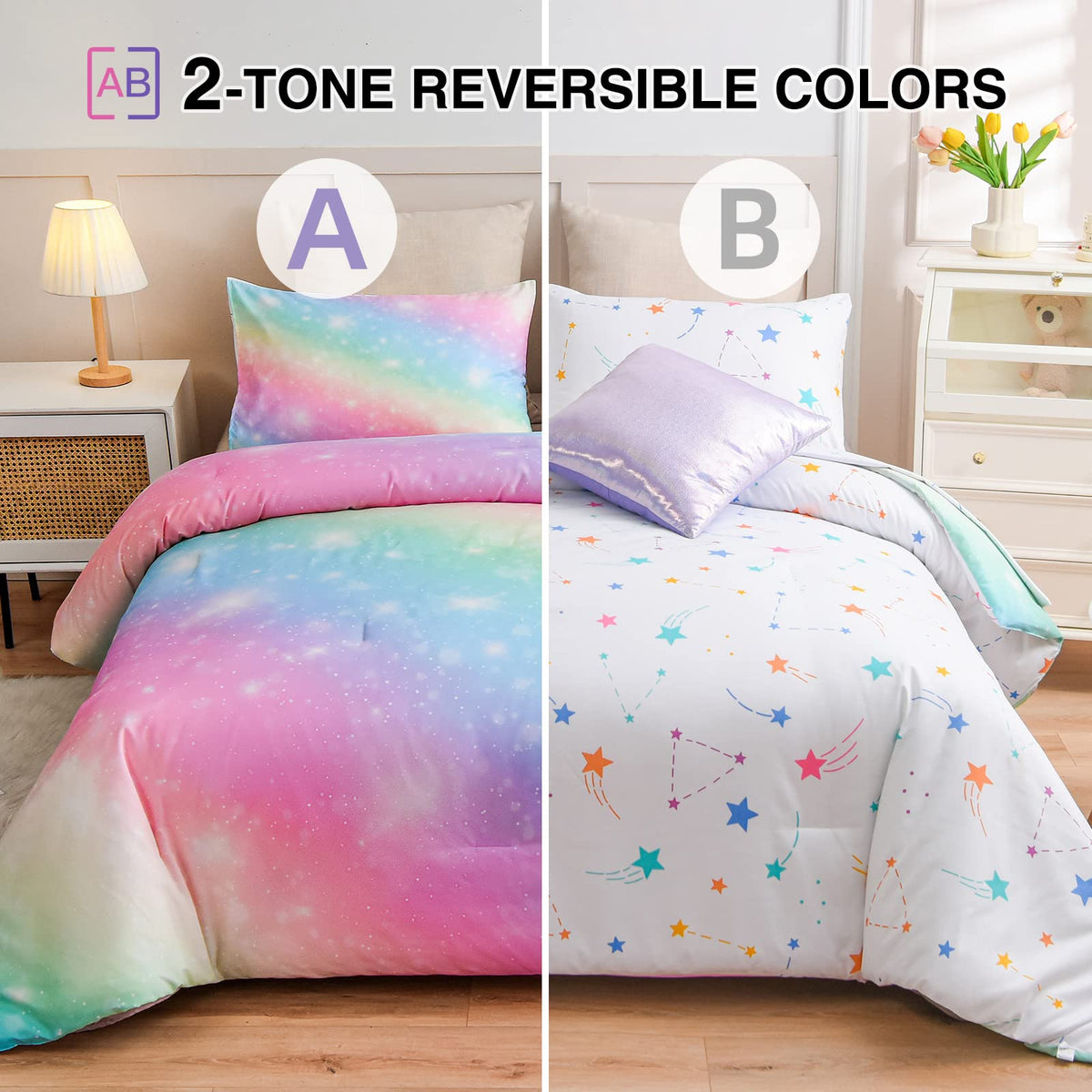 A Nice Night rainbow galaxy comforter closeup highlights vibrant color and sparkle.