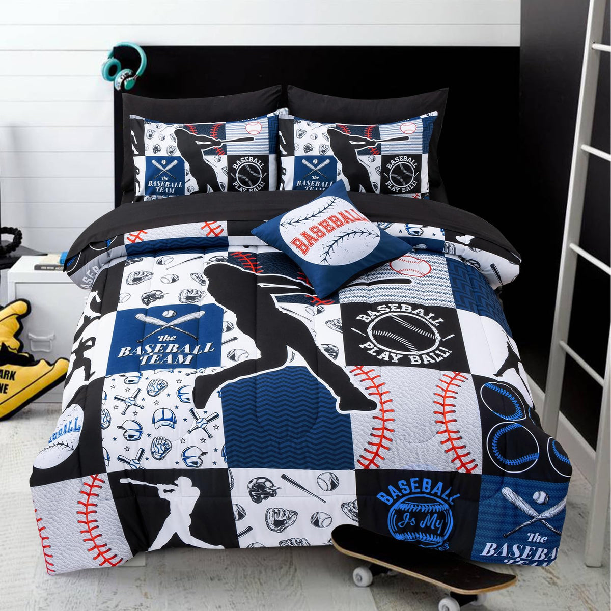 A Nice Night baseball motif on blue grid bedding for teen rooms.