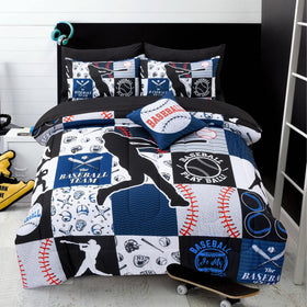 A Nice Night baseball motif on blue grid bedding for teen rooms.