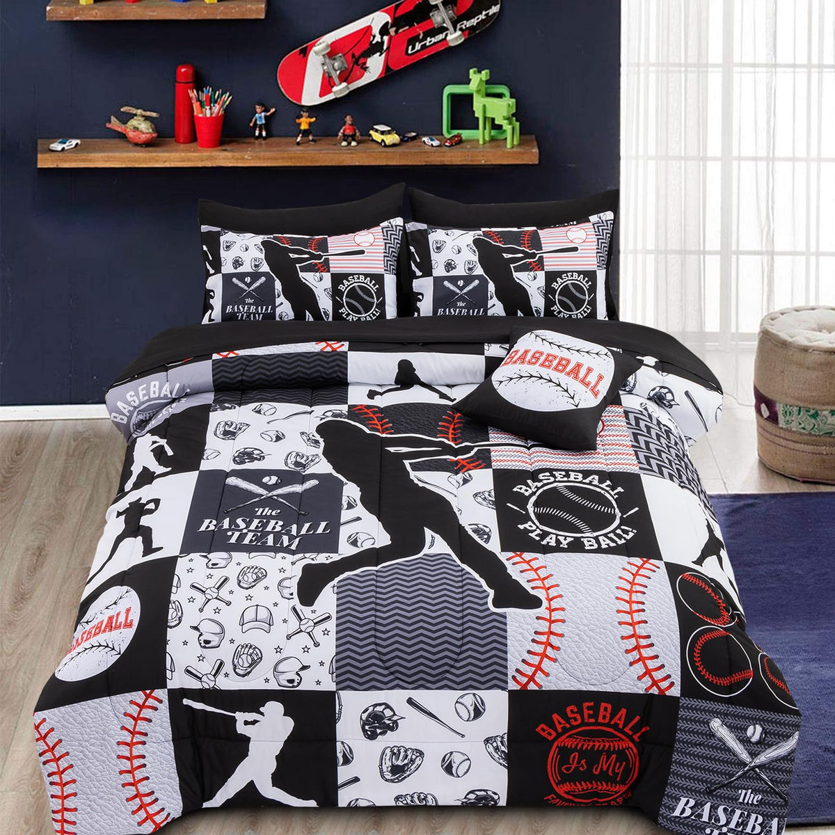 A Nice Night twin comforter with baseball grid design adds sporty style to the bedroom.