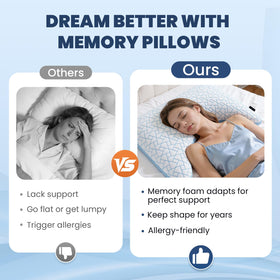 A-Pce queen size pillow set packaging illustrates convenient, ready-to-use setup.