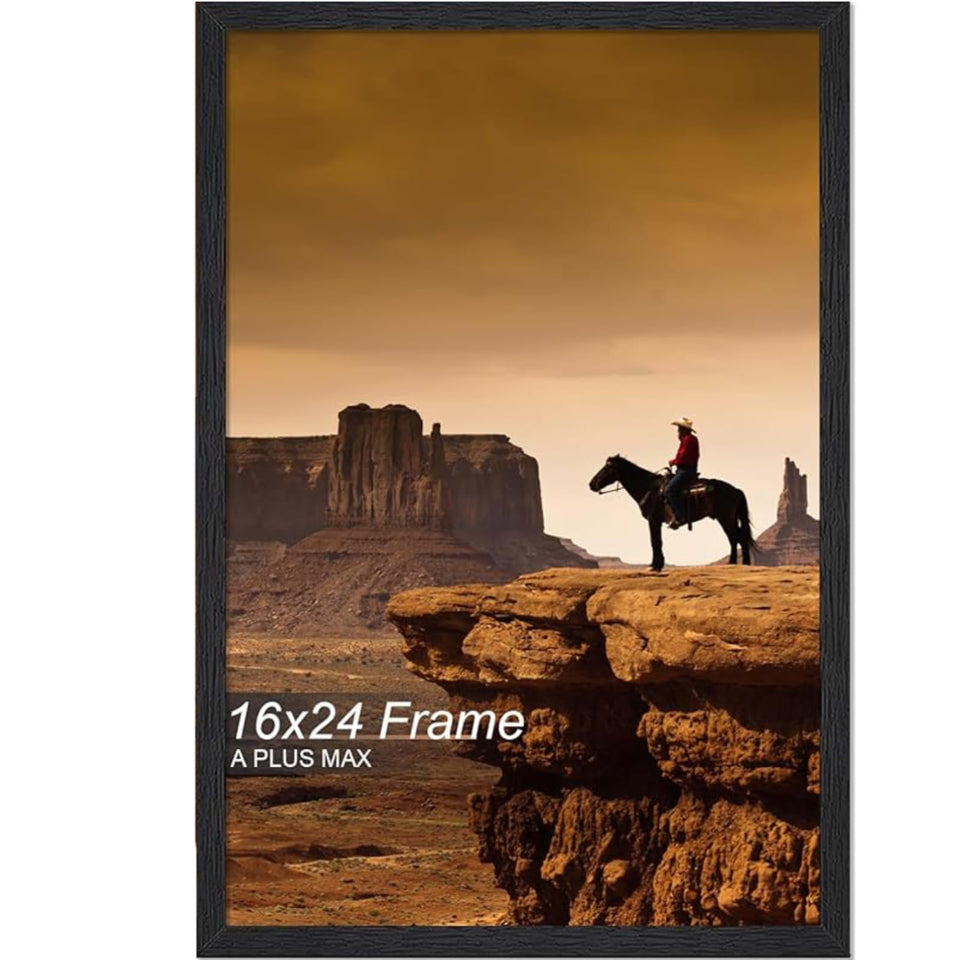 A PLUS MAX 16x24 frame front view highlights a sleek black engineered wood border, ideal for posters.