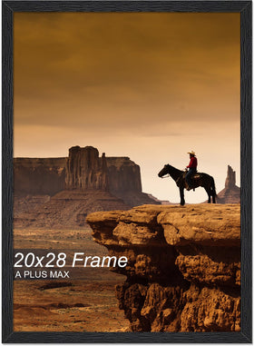 A Plus Max 20x28 frame in black wood-grain finish highlights a clean display.