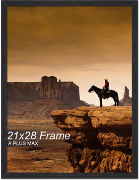 A PLUS MAX 21x28 black wood-grain frame, angle view, for sturdy wall display.