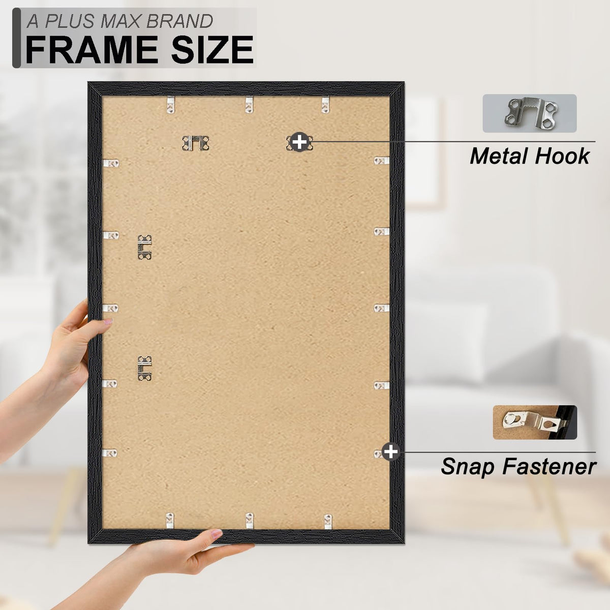 A PLUS MAX frame opening detail demonstrates secure picture holding.