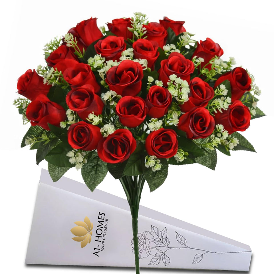 A1-Homes 16-inch artificial silk red rose bush close-up showing durable, life-like blooms for year-round decor.
