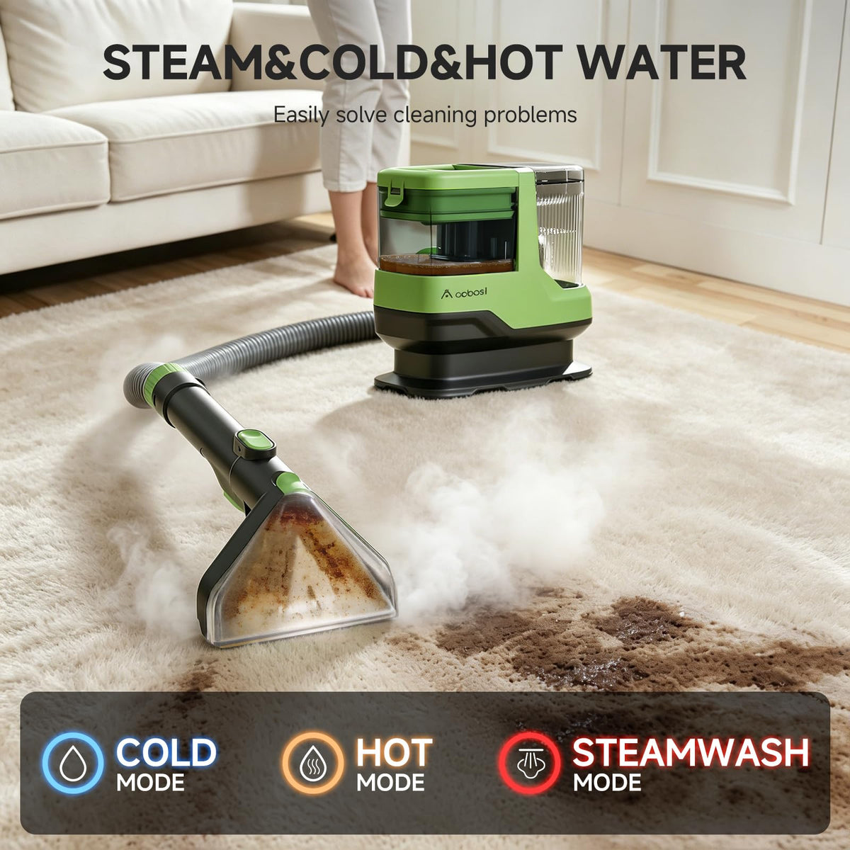 AAOBOSI C688 steam wash action lifting stains from upholstery.